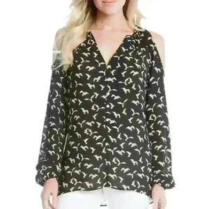 Karen Kane Sz L Black Seagulls Birds Art-to-Wear Cold Shoulder Blouse
Shirt Top